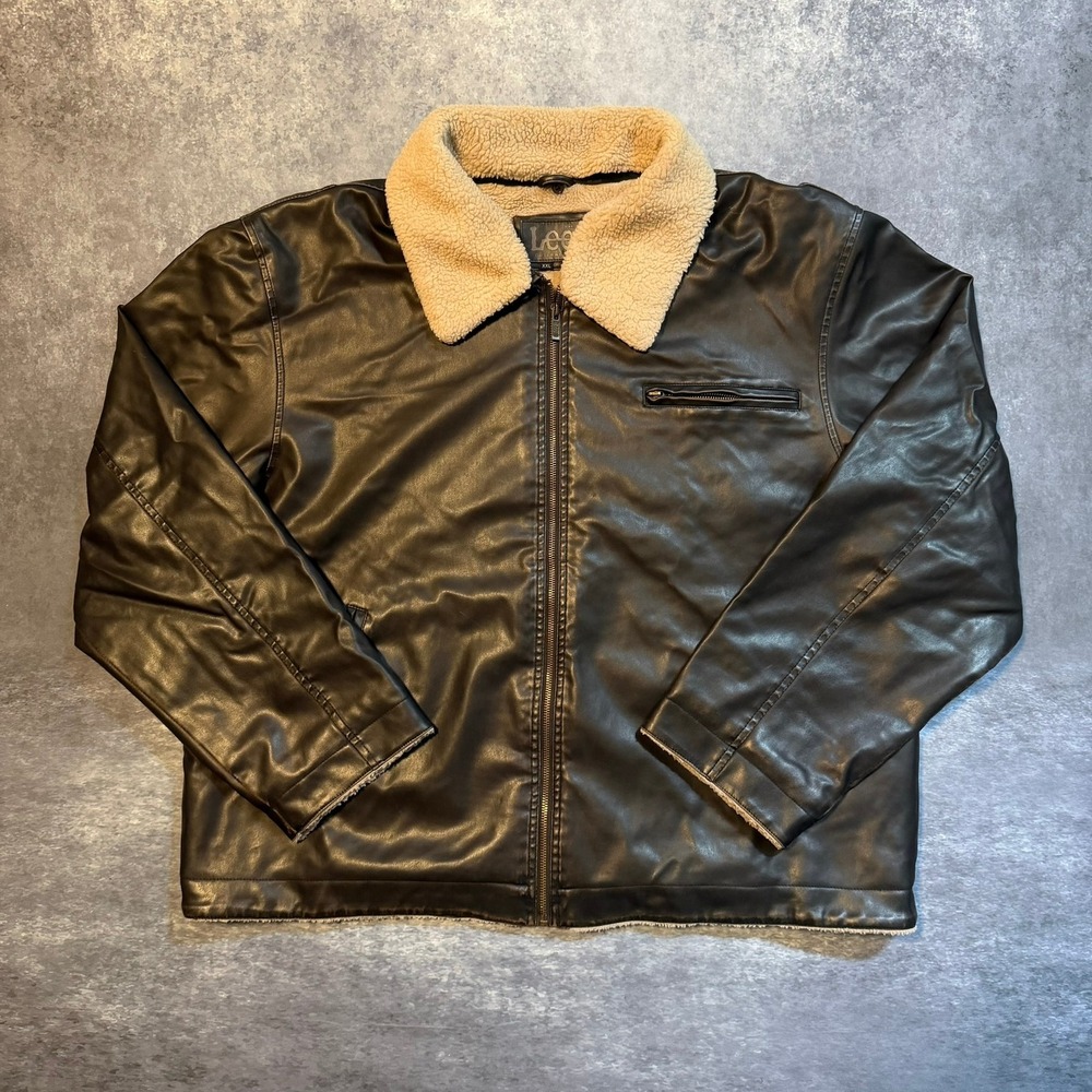 Vintage Lee Outerwear Mens XXL Faux Leather Sherpa Lined Bomber Jacket Brown